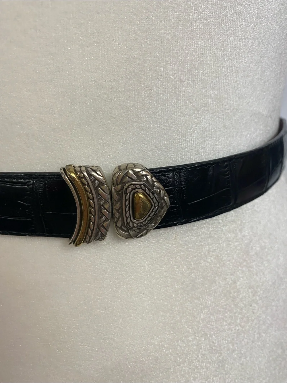 Croc-Effect Black Leather Belt with Ornate Gold Buckle